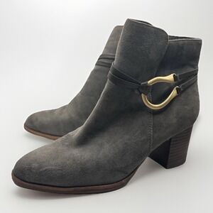 Isola Women Gray Suede Horseshoe Buckle Ankle Boots Block Heel Side Zip Size 6M